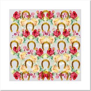 Pattern. Roses and Gold Horseshoes Posters and Art